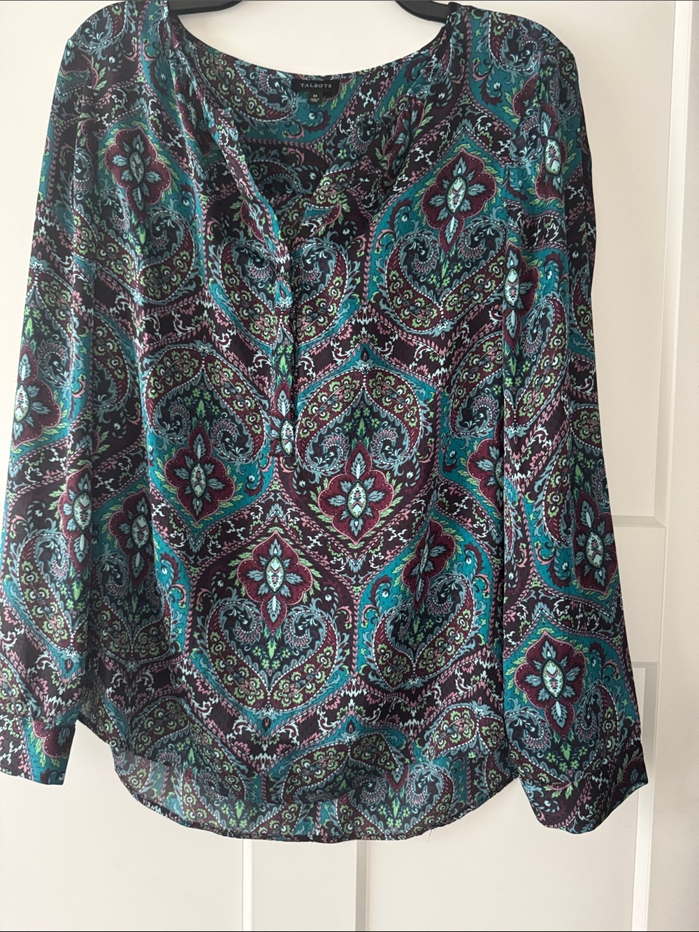Talbots Teal, Burgundy and Black Paisley Button-Neck Blouse